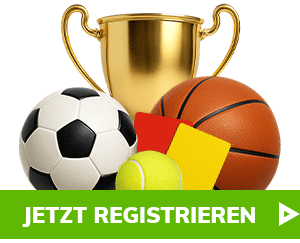 Trophäe mit verschiedenen Sportbällen und grünem Jetzt registrieren Button