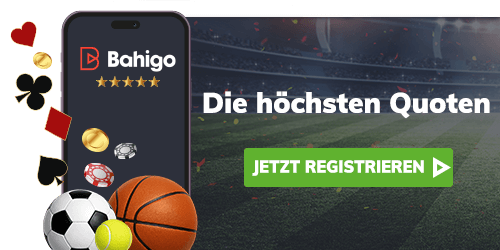Goldener Pokal mit Fußball, Basketball, Tennisball und roten Karten neben grünem Jetzt registrieren Button