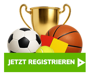 Goldener Pokal mit verschiedenen Sportbällen und grüner Registrierungsschaltfläche