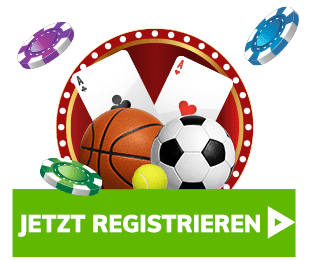 Sport- und Casino-Symbole vor einem roten Hintergrund mit dem Text Jetzt registrieren