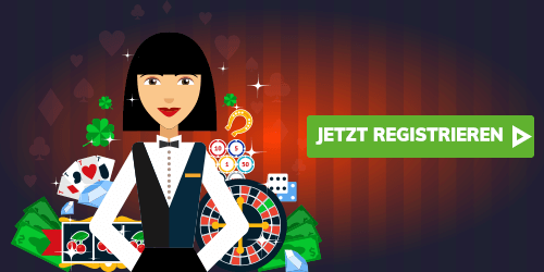 Illustration einer Croupière mit verschiedenen Casino-Elementen und einem grünen Jetzt registrieren Button